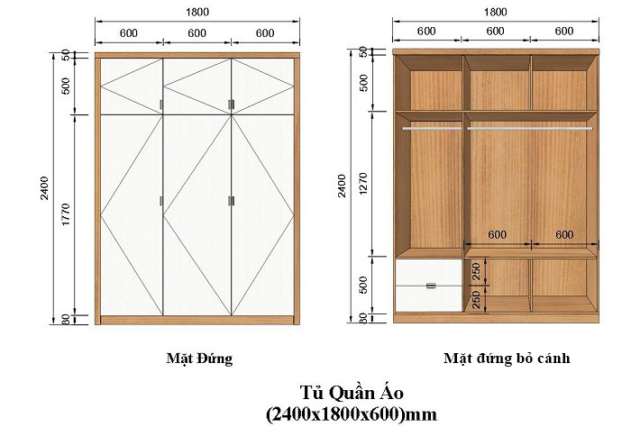 Tiêu chuẩn kích thước tủ đựng quần áo loại 2 cánh, 3 cánh, 4 cánh…